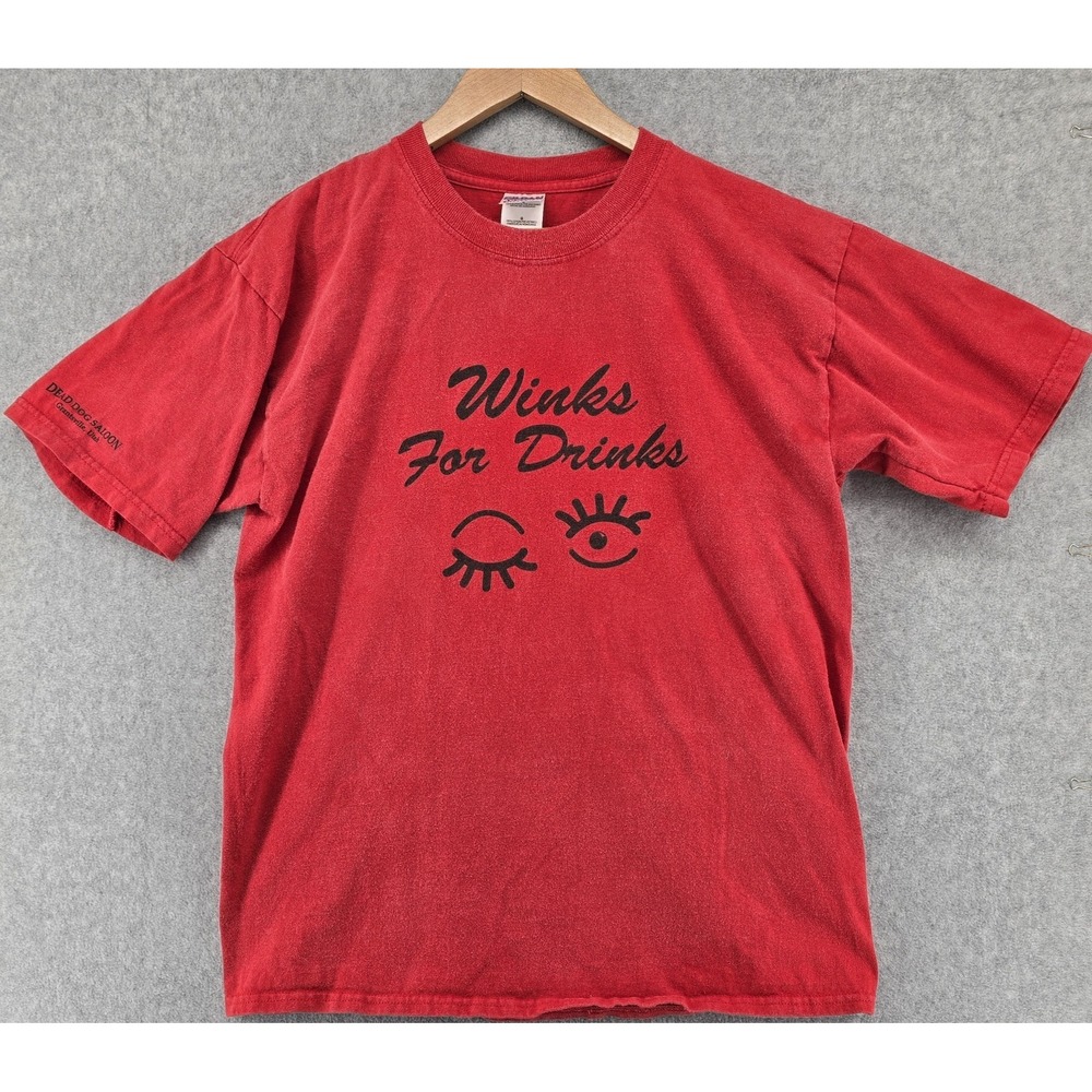 Vtg Y2K Funny Drinking Beer Bar T-Shirt Mens L Red Black 'Winks for Drinks' Utah
